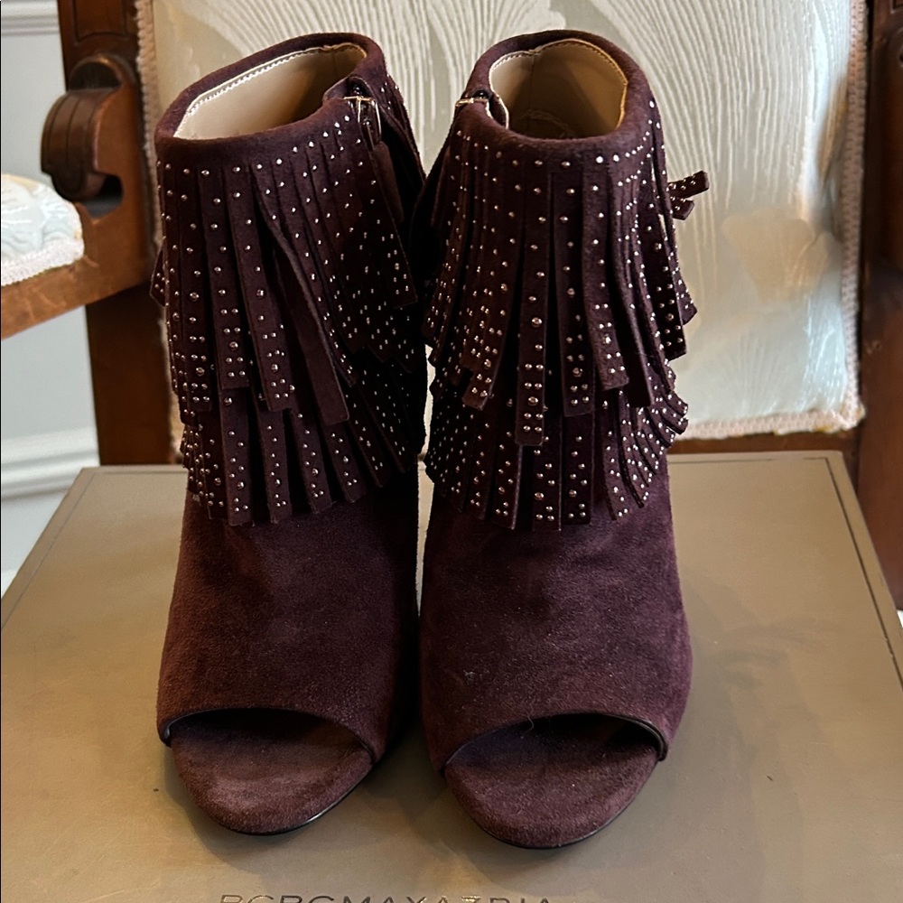 BCBGMaxAzria Plum Fringed Peep-Toe Booties